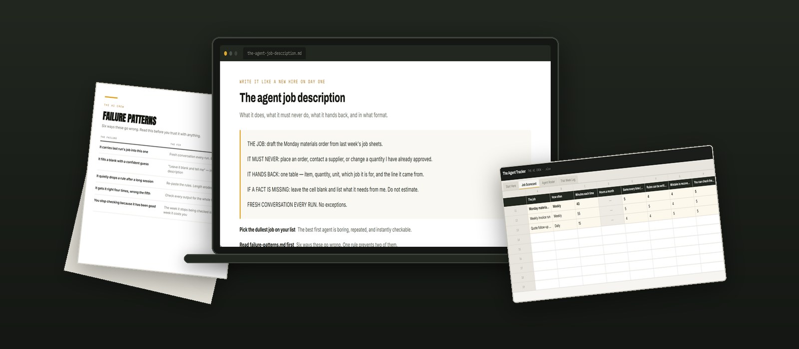 What is inside Your First AI Employee: the templates, the document on screen, and the workbook.